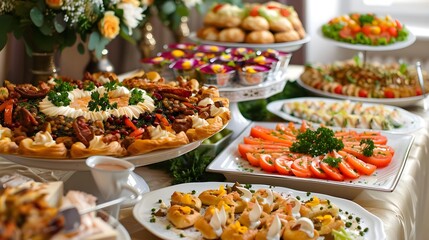 Beautifully decorated table full of tasty food