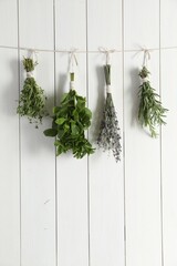 Bunches of different aromatic herbs hanging on rope near white wooden wall