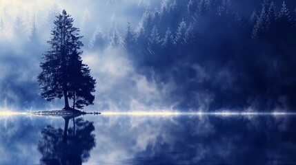 reflection of trees in a misty lake