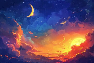 Magical Sunset and Moon in a Starry Sky