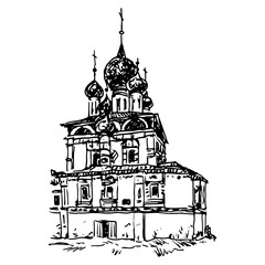 Church of St John the Baptist in Uglich, Russia. Orthodox temple. OLd Russian architecture. Hand drawn linear doodle rough sketch. Black and white silhouette.