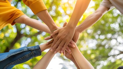 Panoramic of teamwork in business - joining hands together