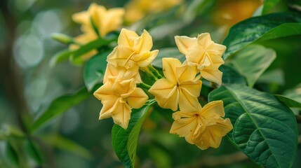 Obraz premium A detailed photo of a yellow mussaenda philippica flower from the ornamental rubiaceae family with selective focus