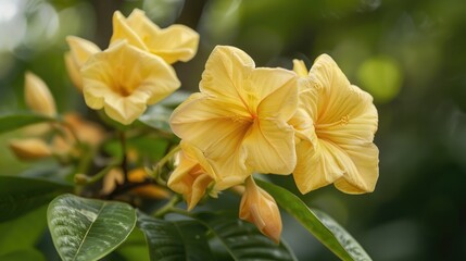 Naklejka premium A detailed photo of a yellow mussaenda philippica flower from the ornamental rubiaceae family with selective focus