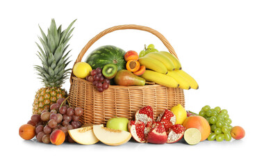 Naklejka na ściany i meble Many different fresh fruits in wicker basket isolated on white