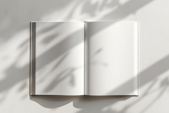 Open empty book with leaves shadow overlay on grunge white background. Top view to blank paper book, brochure, planner, diary