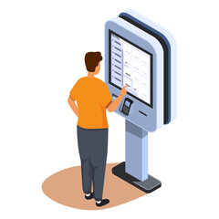 isometric man making an order at an electronic self-service kiosk, vector illustration