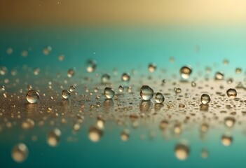 Water round droplets , macro on a light neutral mettallic shiny slab surface against a blurred background