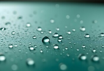 Water round droplets , macro on a light neutral mettallic shiny slab surface against a blurred background