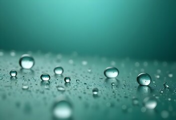 Water round droplets , macro on a dark mettallic shiny slab surface against a blurred background