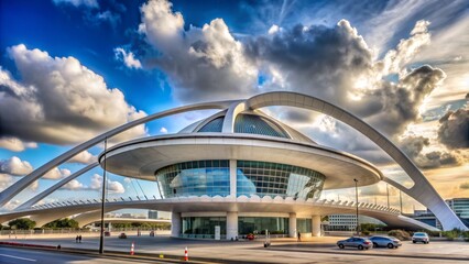 Obraz premium Futuristic Architecture Under Dramatic Clouds, Miami, Florida, Art Deco, Modern Architecture, Contemporary Design, Travel Destination