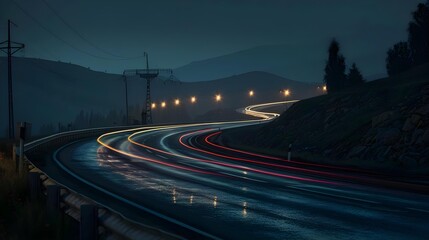 Winding road at night with reflective pavement markings