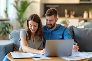"Happy young couple planning finances together at home, looking at laptop screen and discussing documents."

