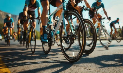 Close-up of cycling race, focus on wheels and shoes.