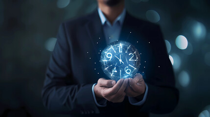 Visualizing ROI: Businessman Uses Holographic Clock and Dollar Symbol to Represent Investment