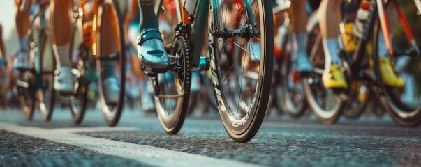 Close-up of cycling race, focus on wheels and shoes.