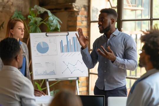 "Business professional presenting financial charts and data to a diverse team during a corporate meeting in a modern office."

 - Powered by Adobe
