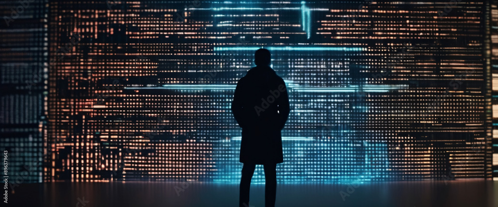 Poster a silhouette of a person standing in front of a giant digital screen with a flow of data showing var