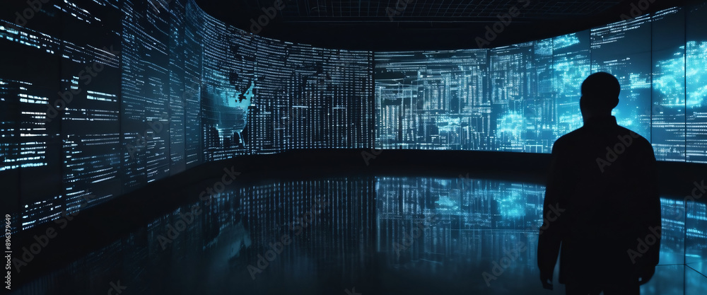 Poster a silhouette of a person standing in front of a giant digital screen with a flow of data showing var