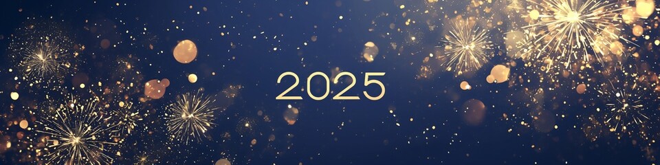 Golden fireworks and number 2025 on dark blue night sky. Merry Christmas and Happy New Year. Celebrating winter holiday. Background for festive banner, greeting card, poster