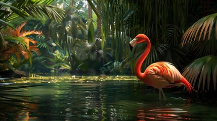 Fototapeta premium Graceful flamingo wading through the tranquil waters