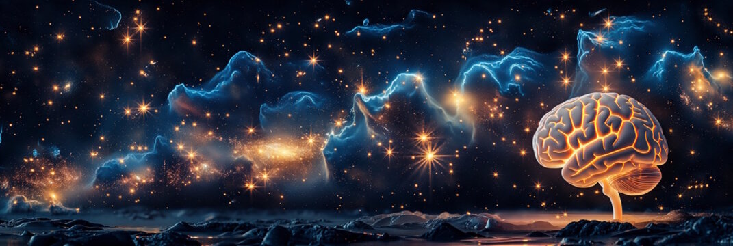 A glowing brain with a cosmic background of stars and nebulae, representing the concept of the mind and the universe, applicable for mental health or creativity