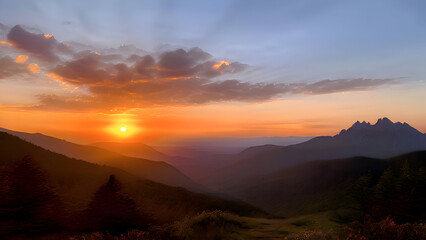 Obraz premium a-serene-sunset-scene-with-the-sun-setting-behind-a-mountain-range-casting-a-warm-glow-over