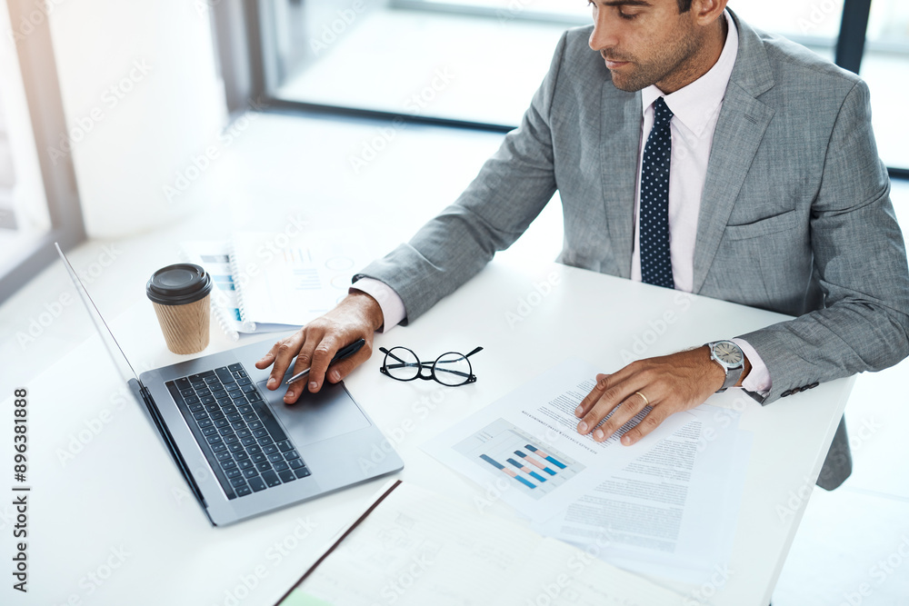 Poster documents, finance and laptop with business man at desk in office from above for policy review. admi