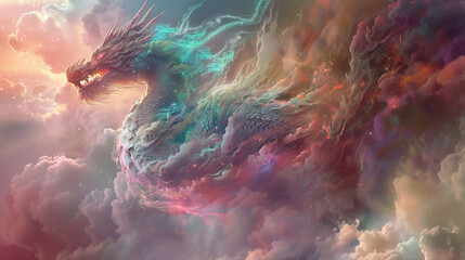 Majestic Dragon Soaring Through a Vibrant, Ethereal Sky with Glowing Colors and Mystical Atmosphere