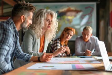 "Focused team of diverse professionals analyzing data charts during a strategy meeting in a creative office environment."

