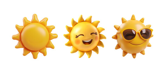 Summer Sun Set Collection: Happy Cartoon Sun, 3D Render of Sun with Sunglasses Character Close Up Illustration, Isolated on Transparent Background, PNG