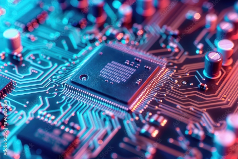 Aufkleber detailed image of a microprocessor chip on a vibrant blue circuit board with electronic components