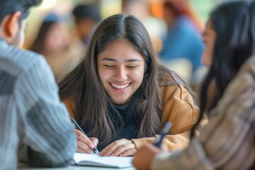 "Joyful young student smiling while studying with classmates in a vibrant campus setting."

