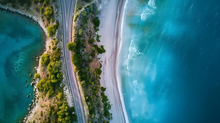 Aerial view of road along the shore of blue sea