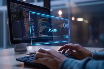 Software Developer Programming with JSON Data on Digital Interface