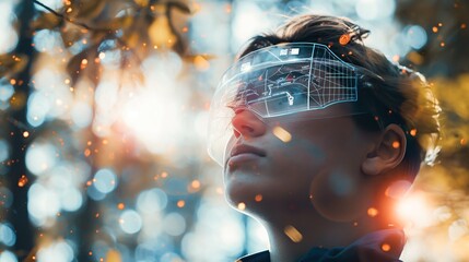 Close-up of a young individual wearing augmented reality glasses in a nature setting, with digital interface graphics