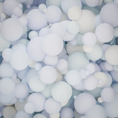 Abstract textured spheres background: green blue pastel color scheme. Differently sized and shaded spheres hovering.