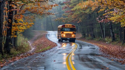 Obraz premium school bus on a road in the middle of the forest in autumn