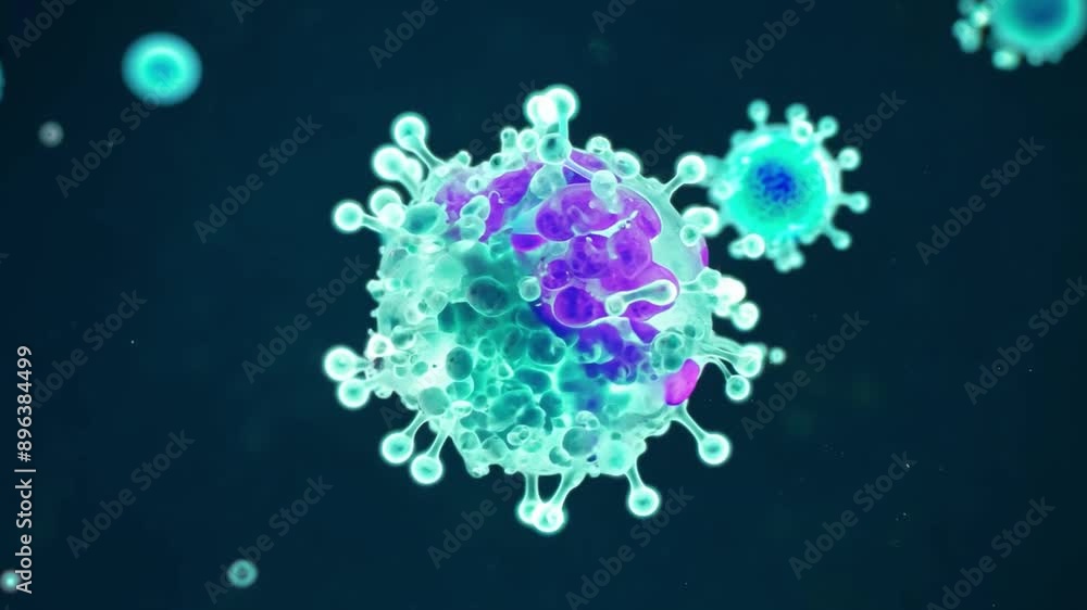 Poster a close-up of a coronavirus particle. it is a 3d rendering, and the virus is shown in blue-green and