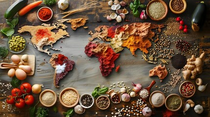Global cuisine diversity map made of food ingredients
