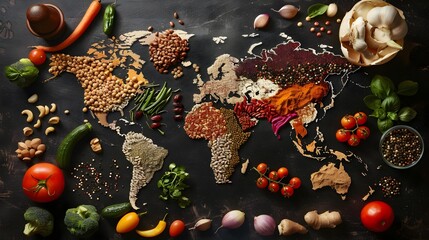 Global cuisine diversity map made of food ingredients