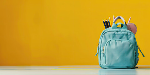 A light blue backpack with headphones and colored pencils inside, placed on the right side of an empty yellow background
