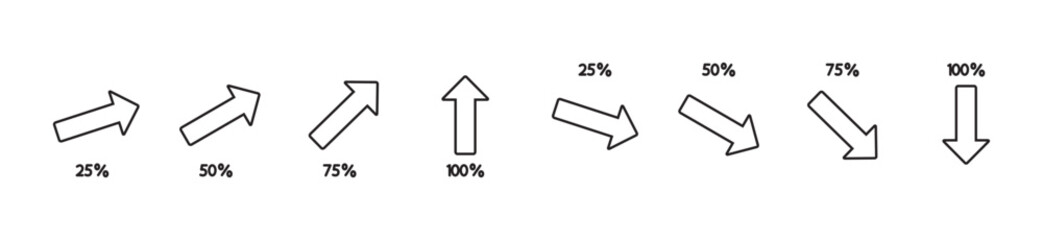 Percent arrow line icon with up and down arrows, Arrow sign with percentage increase collection of percent up and down arrow line symbols, percentage growth and decrease vector signs in transparent .