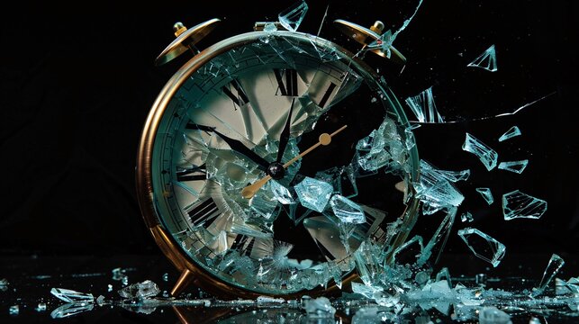 A shattered alarm clock with its glass face broken and hands scattered, symbolizing a disruption of routine or the end of a deadline, set against a dramatic black background.