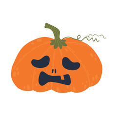 A cute, orange Halloween pumpkin with a sad, carved face featuring droopy eyes and a frown. The green stem and curly vine add a touch of character to this festive design.