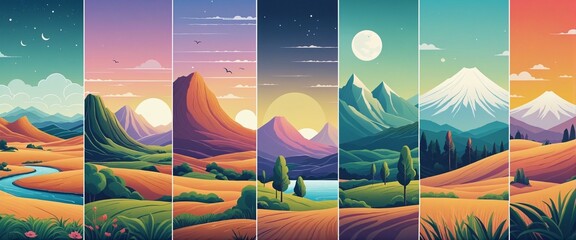 Set of abstract nature mountain landscapes, illustration