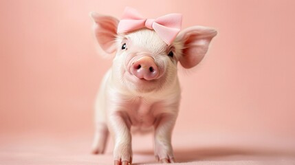 A miniature piglet wearing a tiny pink bow, standing with its snout raised curiously against a soft peach background.