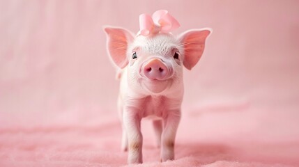 A miniature piglet wearing a tiny pink bow, standing with its snout raised curiously against a soft peach background.