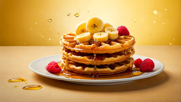 Golden waffles with banana slices, raspberries, and syrup on a white plate make a delightful breakfast option, perfect for a satisfying morning meal