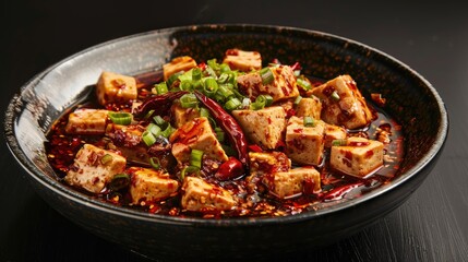 Fototapeta premium Chinese Mapo Tofu garnished with chilis on black backdrop